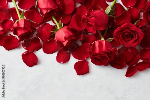 Red Roses and Petals Spread on a White Surface for Decoration and Celebration