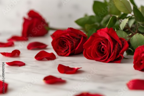 Red Rose and Rose Petals on Marble Surface in a Close View