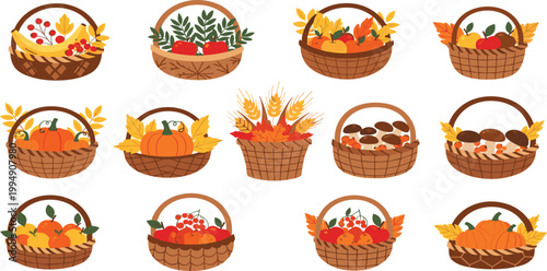 Autumn harvest wicker basket vector set featuring 12 arrangements with pumpkins apples mushrooms and wheat in a flat professional stock style