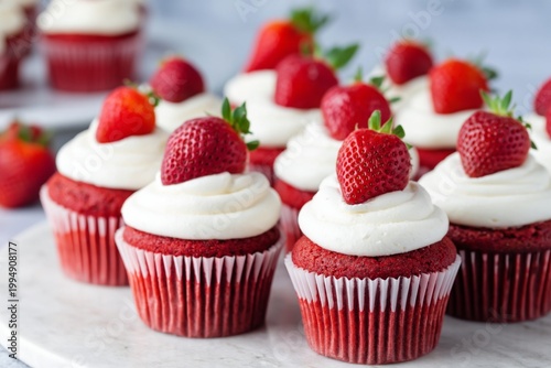 Red Velvet Cupcakes With Strawberries on Top Arranged on a Plate