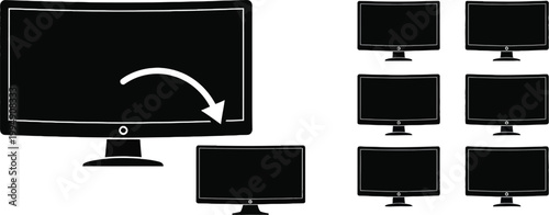 Multiple black computer monitors displaying blank screens in a grid arrangement