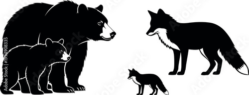 Black silhouette of a bear fox and two cubs in a minimalist wildlife scene
