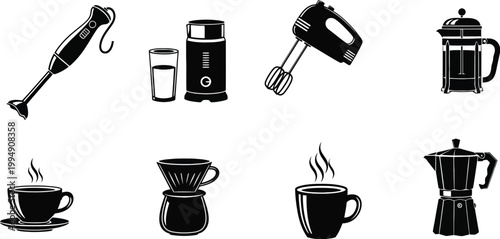 Black and white illustration of various coffee and tea brewing equipment