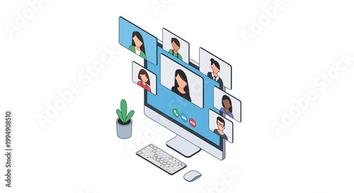 Isometric Illustration of an Online Video Conference and Remote Team Meeting on a Desktop Computer for Business and Education