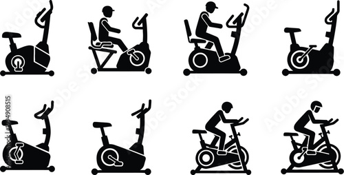 Exercise bike icon set diverse poses and styles for fitness applications