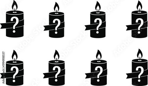 Eight black silhouette candles with question mark tags mystery and uncertainty