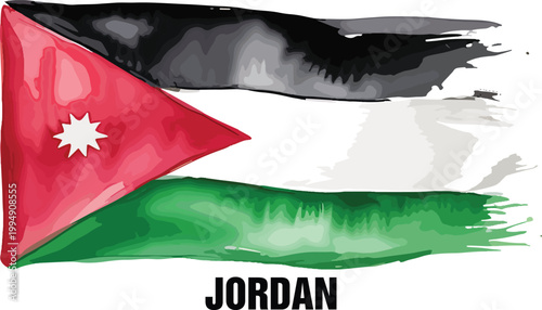 Artistic brushstroke national flag of Jordan with a white seven pointed star and bold red triangle