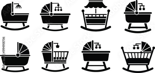 Variety of baby carriages and strollers black and white icon set
