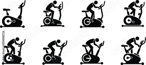 Exercise bike icon set illustrating various cycling poses and fitness equipment
