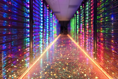 Data Center With Servers Glowing in Colors and Lights at Night Showcasing Tec...