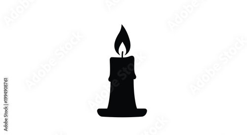 A simple black silhouette depicts a lit candle with a visible flame against a stark white background