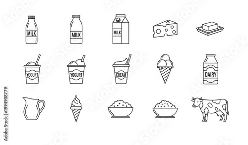 Milk and dairy products icon vector set editable stroke outline