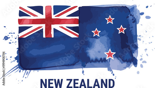 Watercolor style brushstroke national flag of New Zealand featuring the Southern Cross and Union Jack