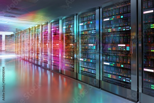 Data Center With Rows of Servers and Colorful Light Effects at Night