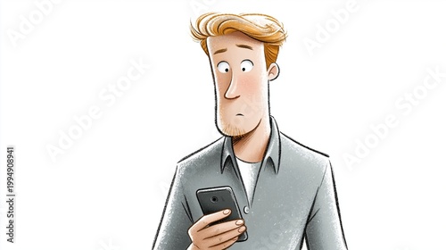 Cartoon-Mann mit blondem Haar hält ein Smartphone und schaut überrascht nach oben