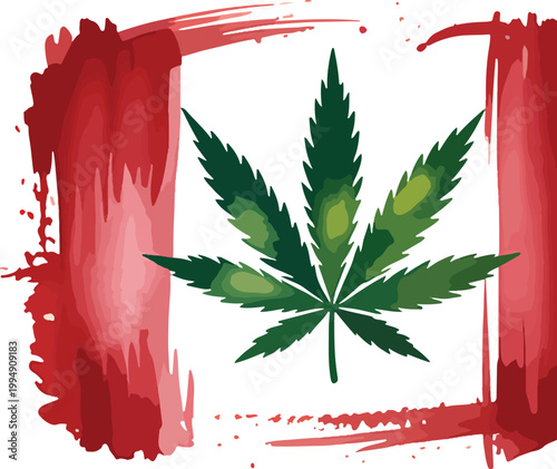 Stylized Canadian flag with a vibrant green cannabis leaf replacing the traditional red maple leaf symbol
