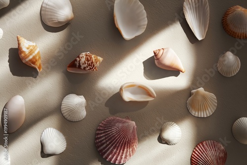 Collection of Seashells Arranged on a Surface With Natural Light Casting Shadows