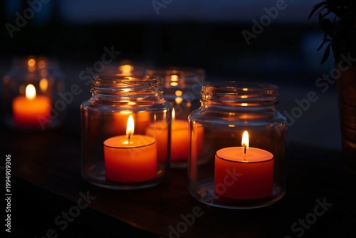 Candles Lit on a Table During the Evening at an Outdoor Gathering by a Poolside