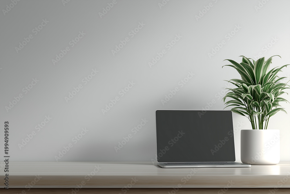 Fototapeta premium Minimal Laptop Workspace with Plant on Wooden Desk