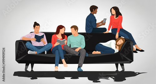 Diverse group of young adults relaxing and reading on a modern black sofa.