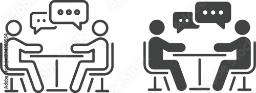Job interview icon, flat vector illustration representing candidate and interviewer meeting, perfect for recruitment, HR, hiring process, and career-related design projects.