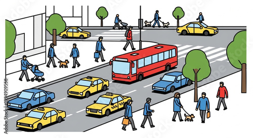 City street scene with cars, bus, pedestrians, and trees.