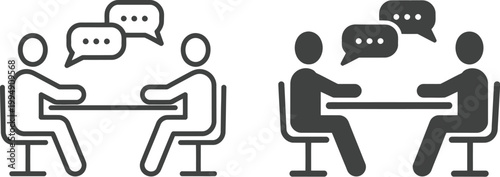 Job interview icon, flat vector illustration representing candidate and interviewer meeting, perfect for recruitment, HR, hiring process, and career-related design projects.