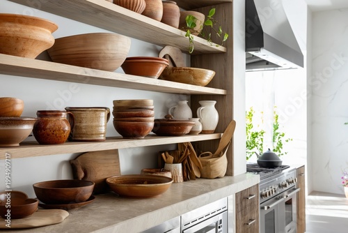 Wooden Bowls and Kitchen Tools on Shelves in a Modern Cooking Space
