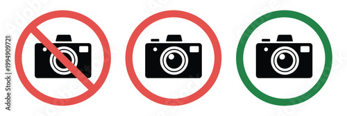 Warning sign no photo allowed no video recording no phone vector, camera prohibited symbol with red restriction circle and green allowed round icon isolated graphic.