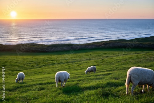 Sheep Graze on Green Grass Near the Ocean During Sunset Hours in a Peaceful L...