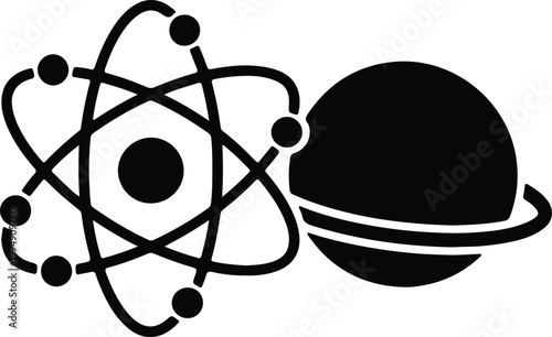 Silhouette atomic structure orbiting planet science abstract concept vector design