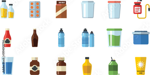 Household products and containers set with bottles jars cans cleaning supplies and packaging icons flat vector illustration collection
