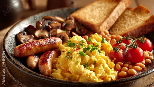 Hearty breakfast plate with scrambled eggs and sausages