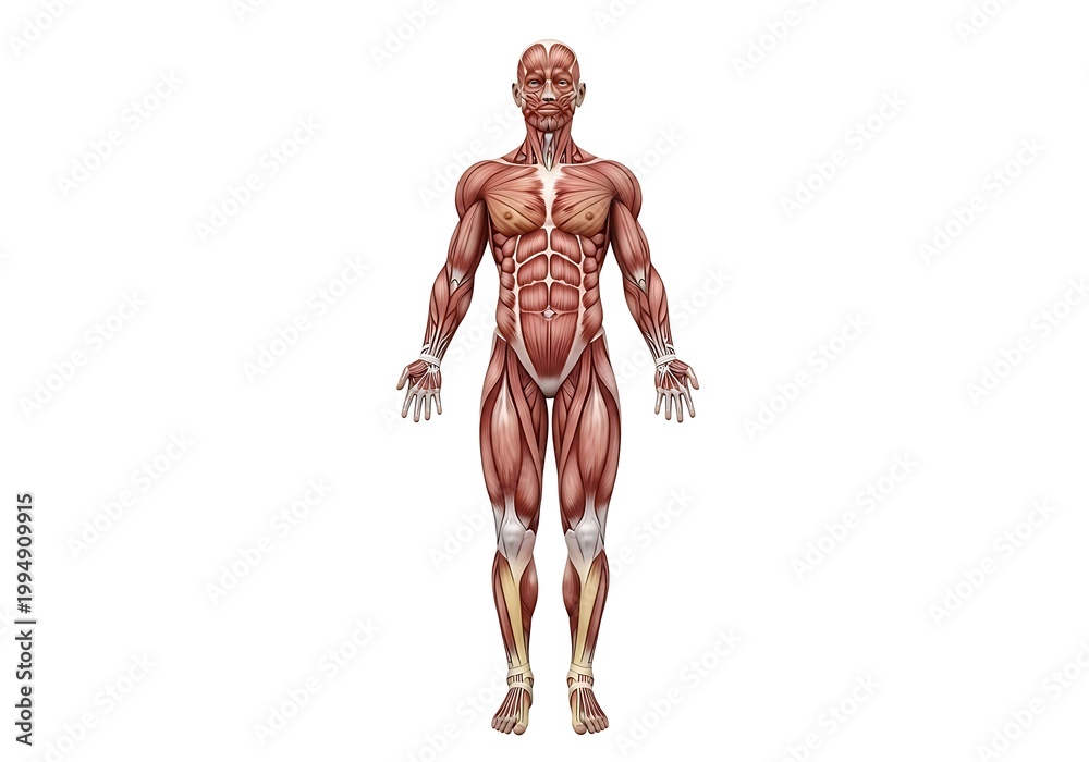 Fototapeta premium Detailed illustration of human muscular system anatomy with exposed muscles on a white background for medical and educational use
