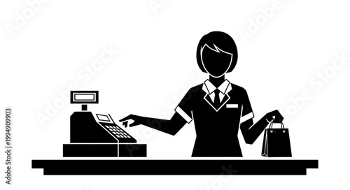 Cashier working at checkout counter with shopping bag.