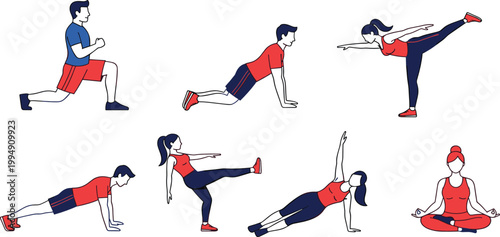 Fitness and yoga vector set featuring male and female characters in exercise poses including plank lunge side plank and meditation in flat line style