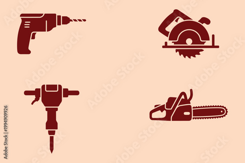 Power tools silhouette icon set electric drill circular saw jackhammer chainsaw vector