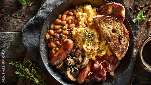 hearty breakfast plate with scrambled eggs sausages mushrooms and