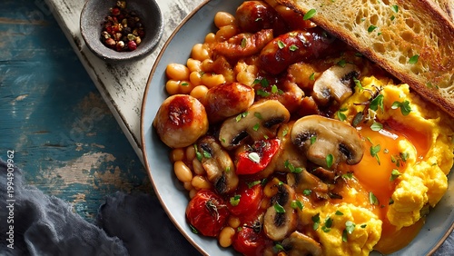 delicious breakfast plate with eggs mushrooms tomatoes and toast