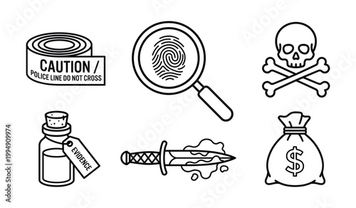 Forensic crime scene investigation icons with evidence and hazardous symbols forensic evidence investigation fingerprint