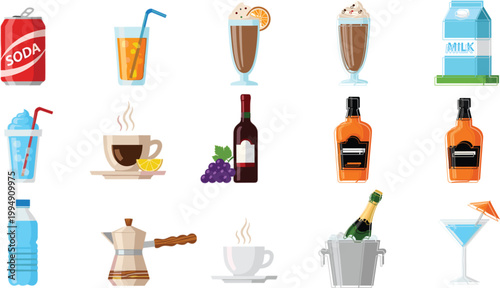 Beverage icons set with cocktails coffee wine beer milkshake and soft drinks collection bar menu vector illustration