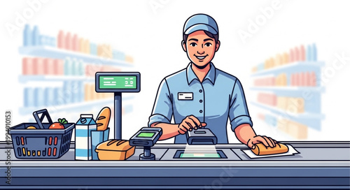 Smiling Cashier Working at Supermarket Checkout Counter with Groceries.