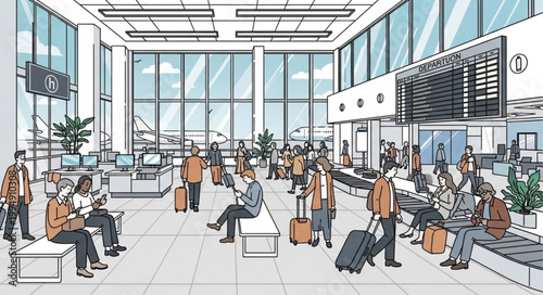 Modern Airport Terminal Interior with Travelers and Departure Board.