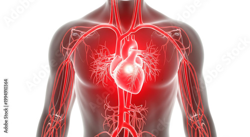 A medical illustration of the human body showing the circulatory system with a glowing red heart