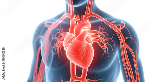 A detailed illustration of the human cardiovascular system with a glowing red heart and arteries on a blue body