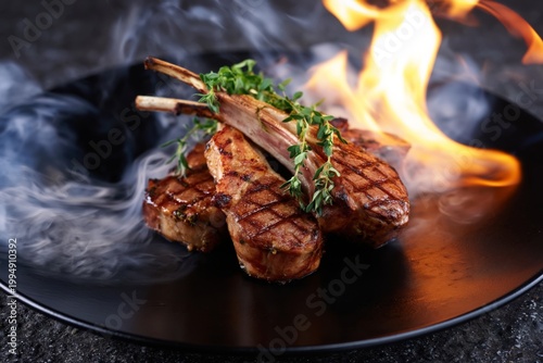 Grilled Meat Cooks in the Pan With Flames and Smoke Rising in a Kitchen Setti...
