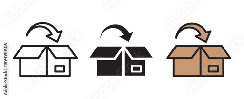 Cardboard box return icon set, open package symbols for product return policy, order exchange, unboxing delivery, e-commerce logistics vector illustration