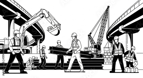 Construction workers and heavy machinery building a bridge.