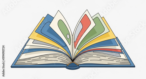 Open book with colorful pages and illustrations.