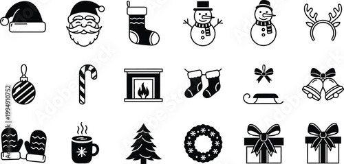A set of minimalist Christmas icons and symbols in black and white vector graphics